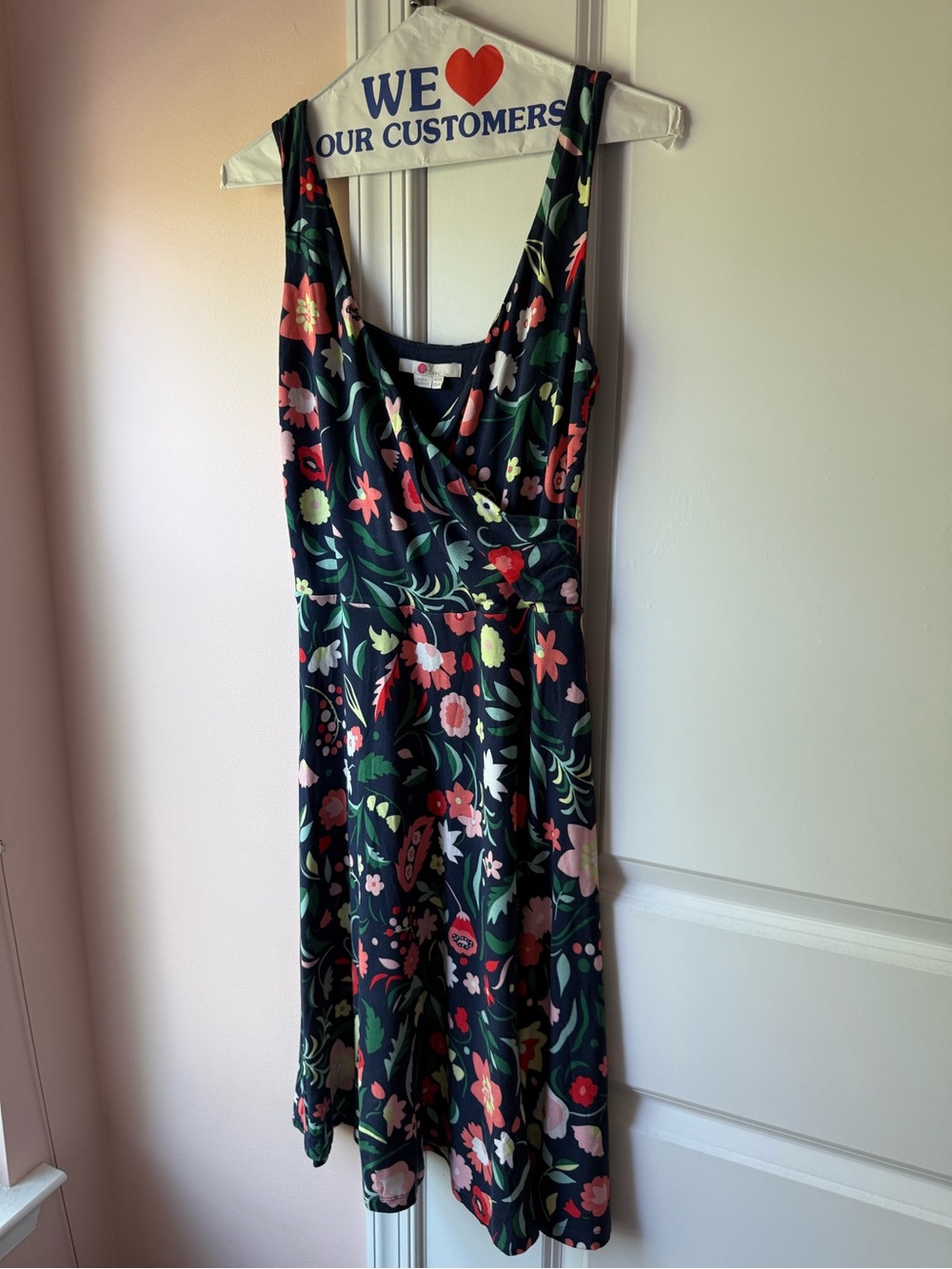 Boden Navy Sleeveless V-Neck Midi Dress with Multicolor Floral Print